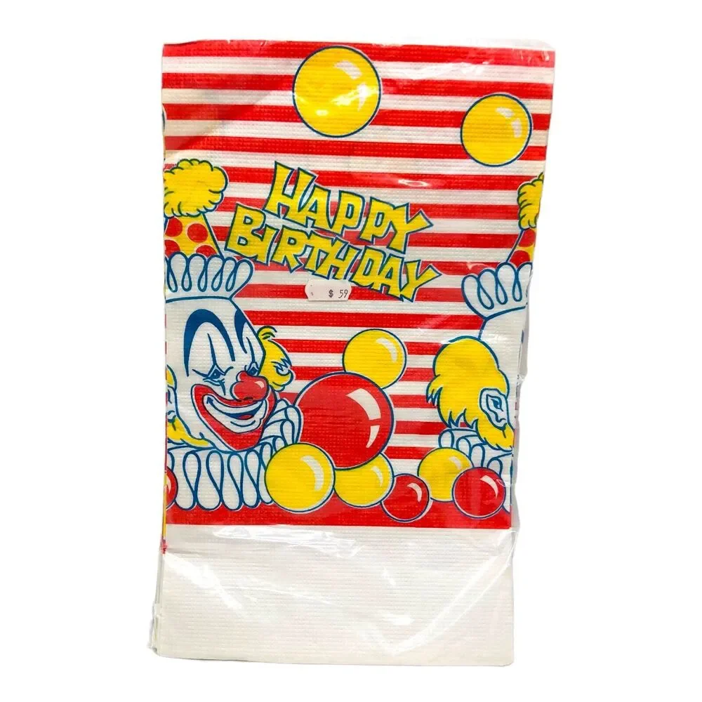 Vintage Cake Mate Paper Tablecloth Clown Birthday Red Yellow Balloons 48x88”